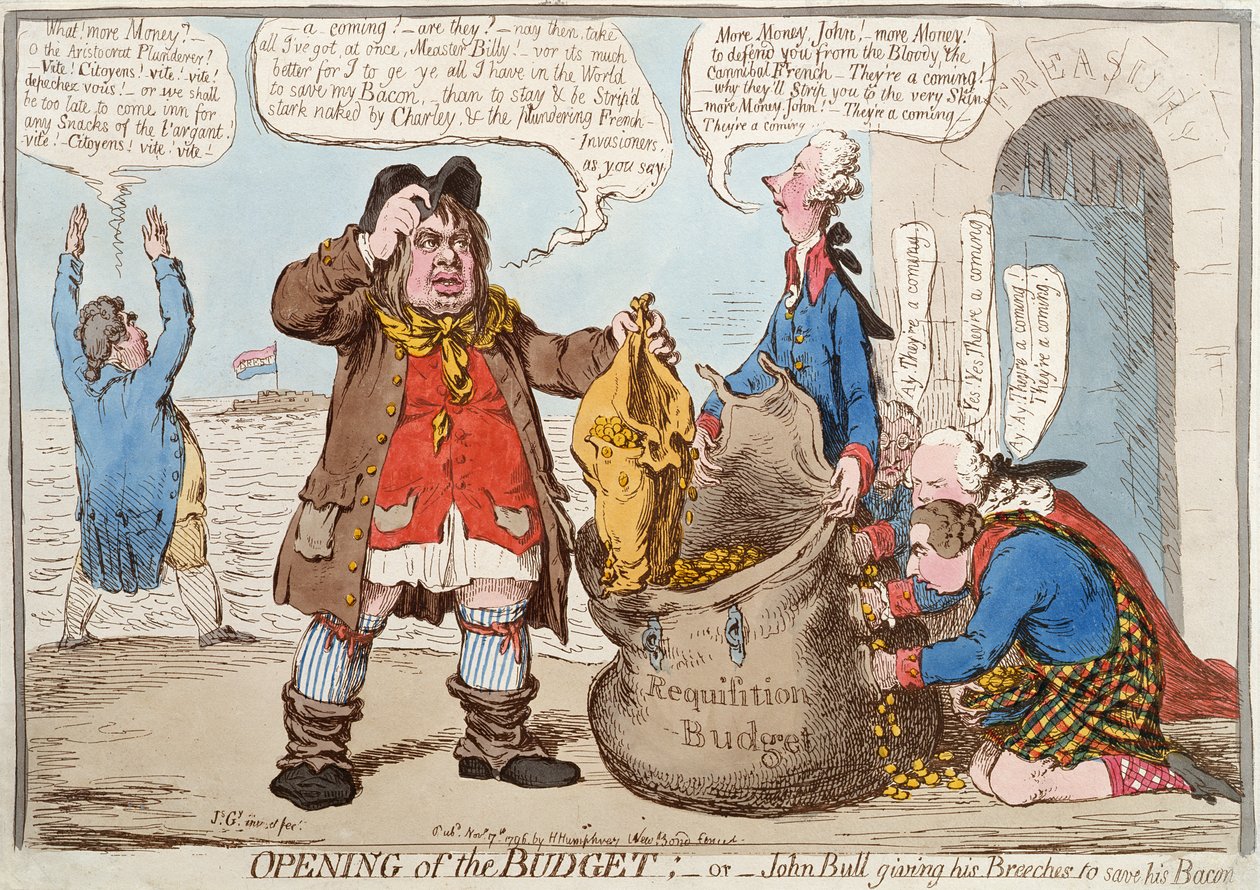 Opening van de begroting of John Bull geeft zijn broek weg om zijn spek te redden, gepubliceerd op 17 november 1796 door James Gillray