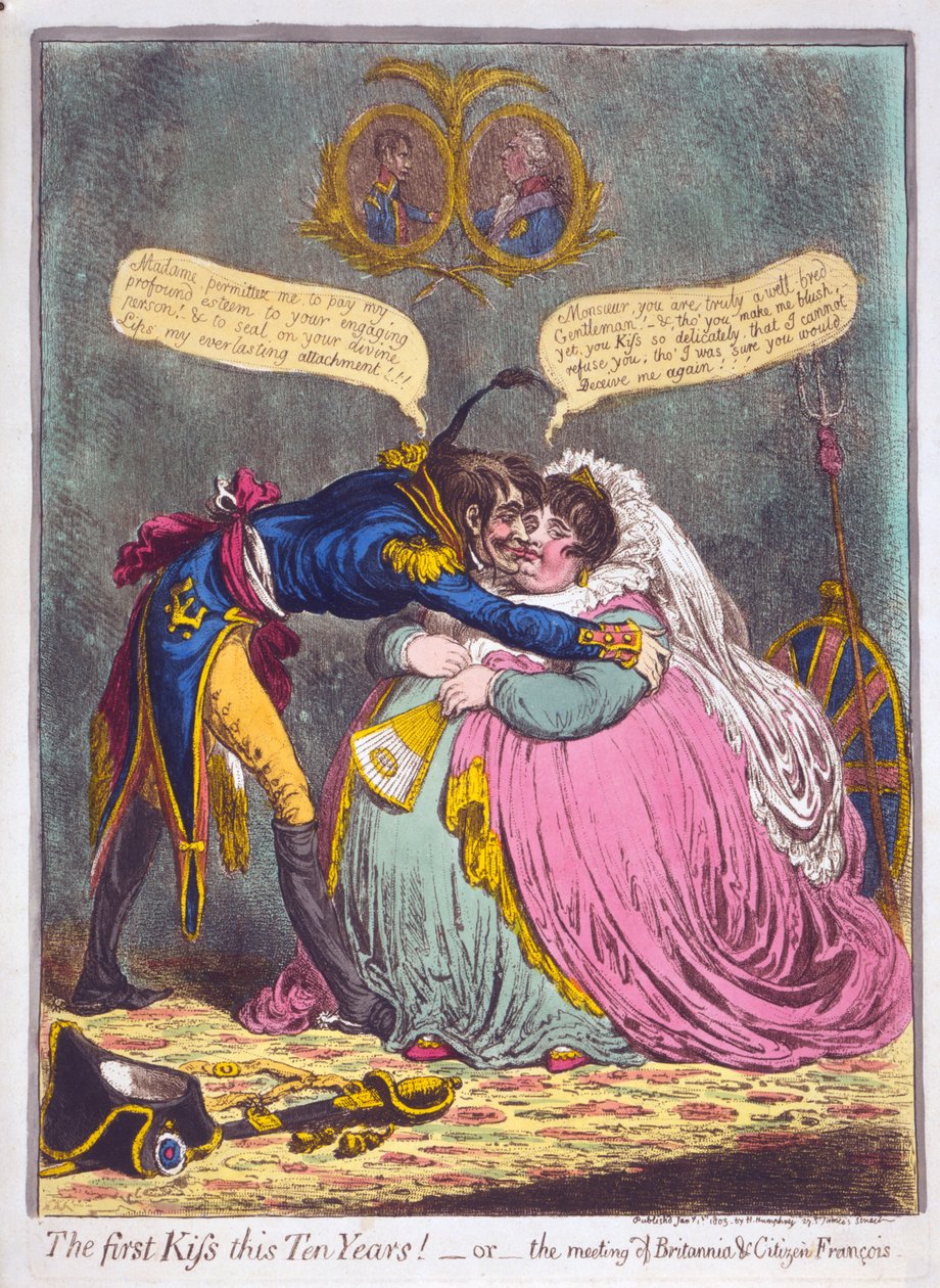 De eerste kus in tien jaar! Of de ontmoeting van Britannia en burger François, 1803 door James Gillray
