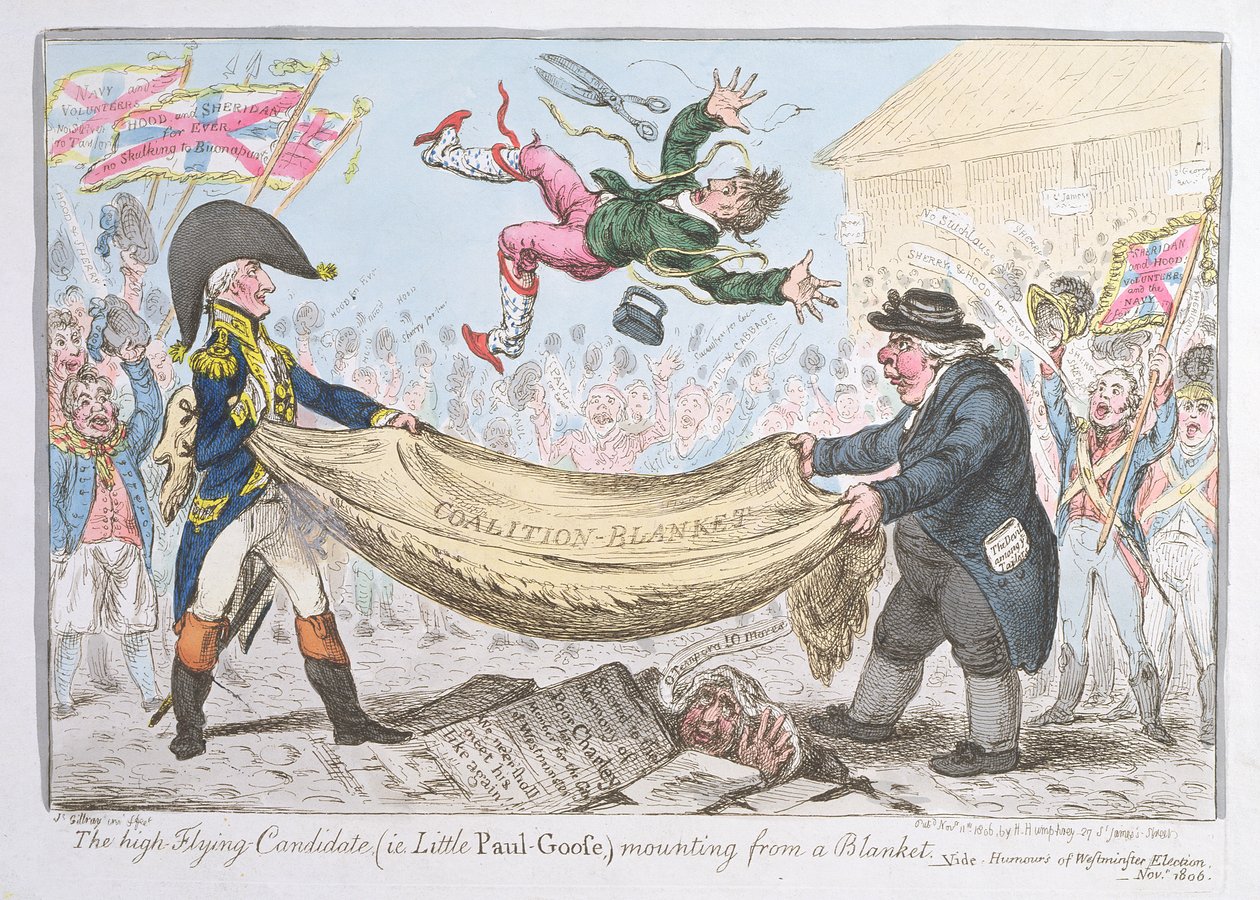 De hoogvliegende kandidaat (d.w.z. Little Paul Goose) stijgt op vanuit een deken, gepubliceerd door Hannah Humphrey in 1806 door James Gillray