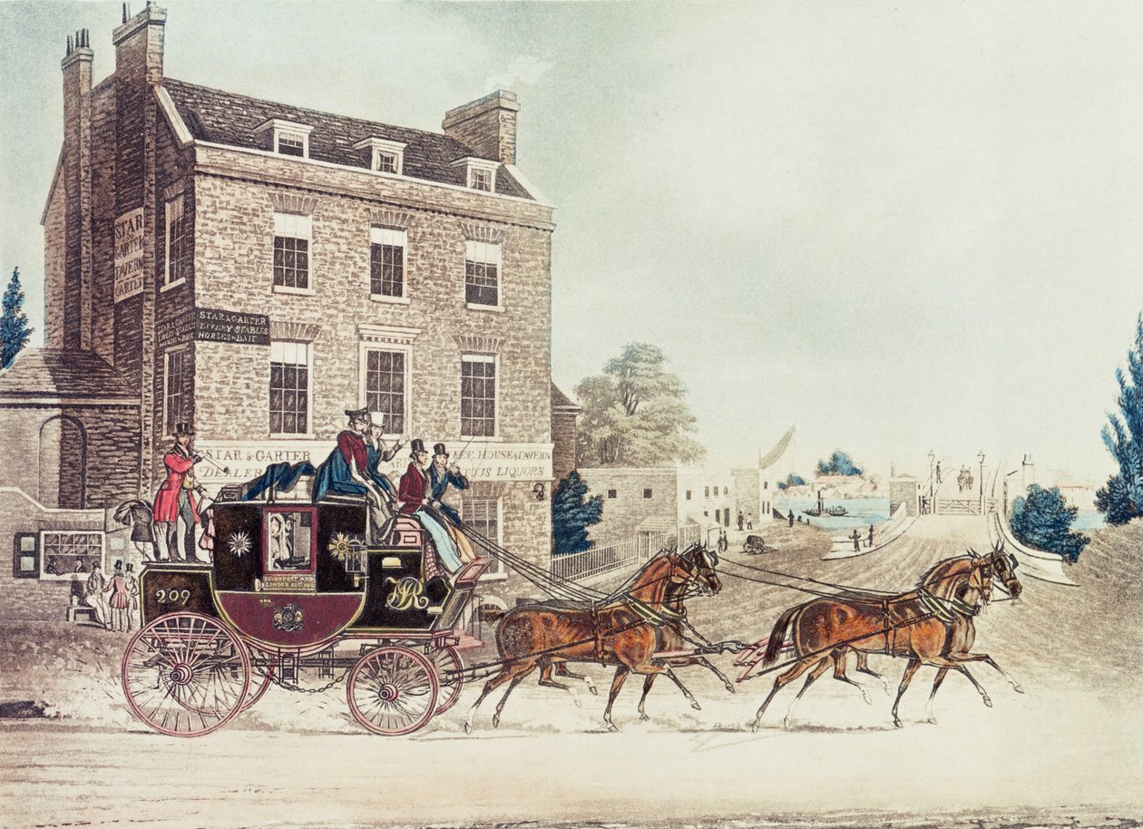 Quicksilver Royal Mail passeert de Star and Garter bij Kew Bridge, 1835 door James Pollard