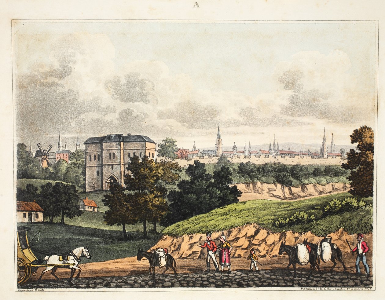 De stad Brussel, vanaf de ingang van het Zoniënwoud, met de Barrière, gepubliceerd door H. Colburn, 1816 door James Rouse