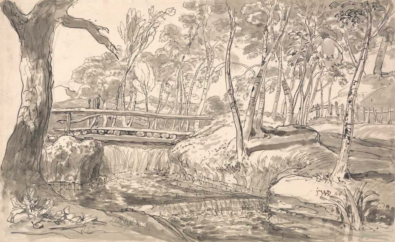 Rivierlandschap met een waterval door James Ward