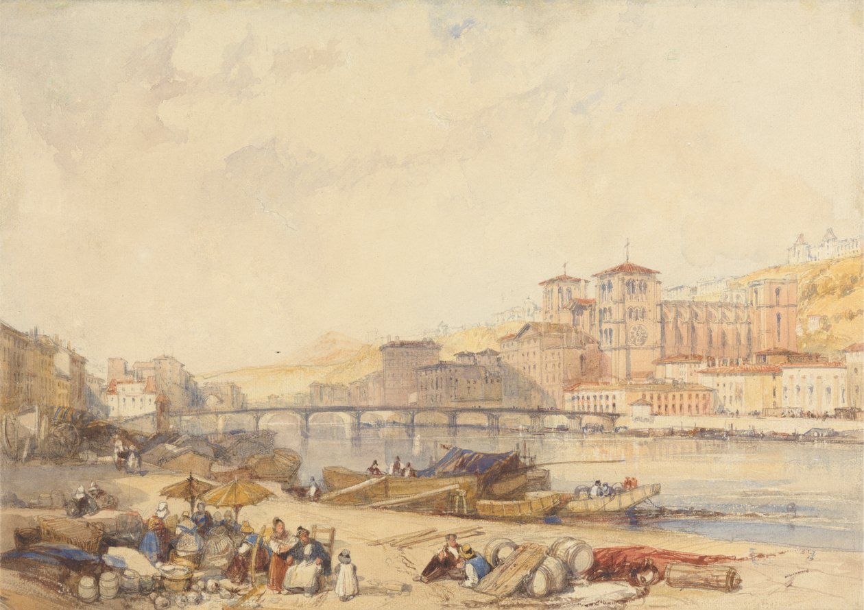 Lyon vanaf de kade aan de Rhône door James Duffield Harding