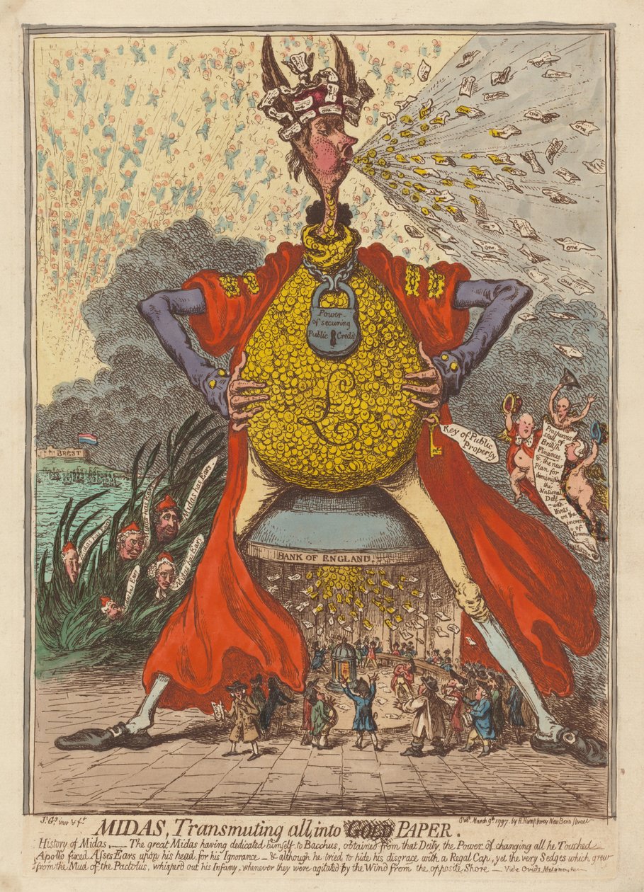 Midas, alles in papier veranderend door James Gillray