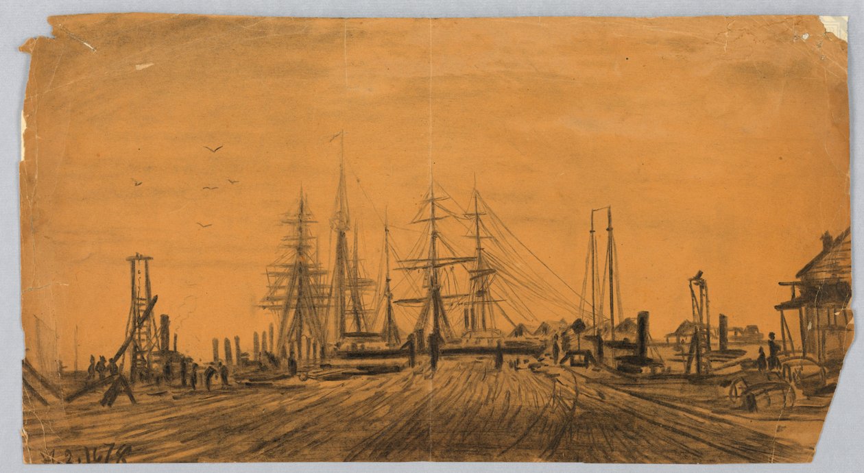 Scheepswerf en pier door James Henry Moser