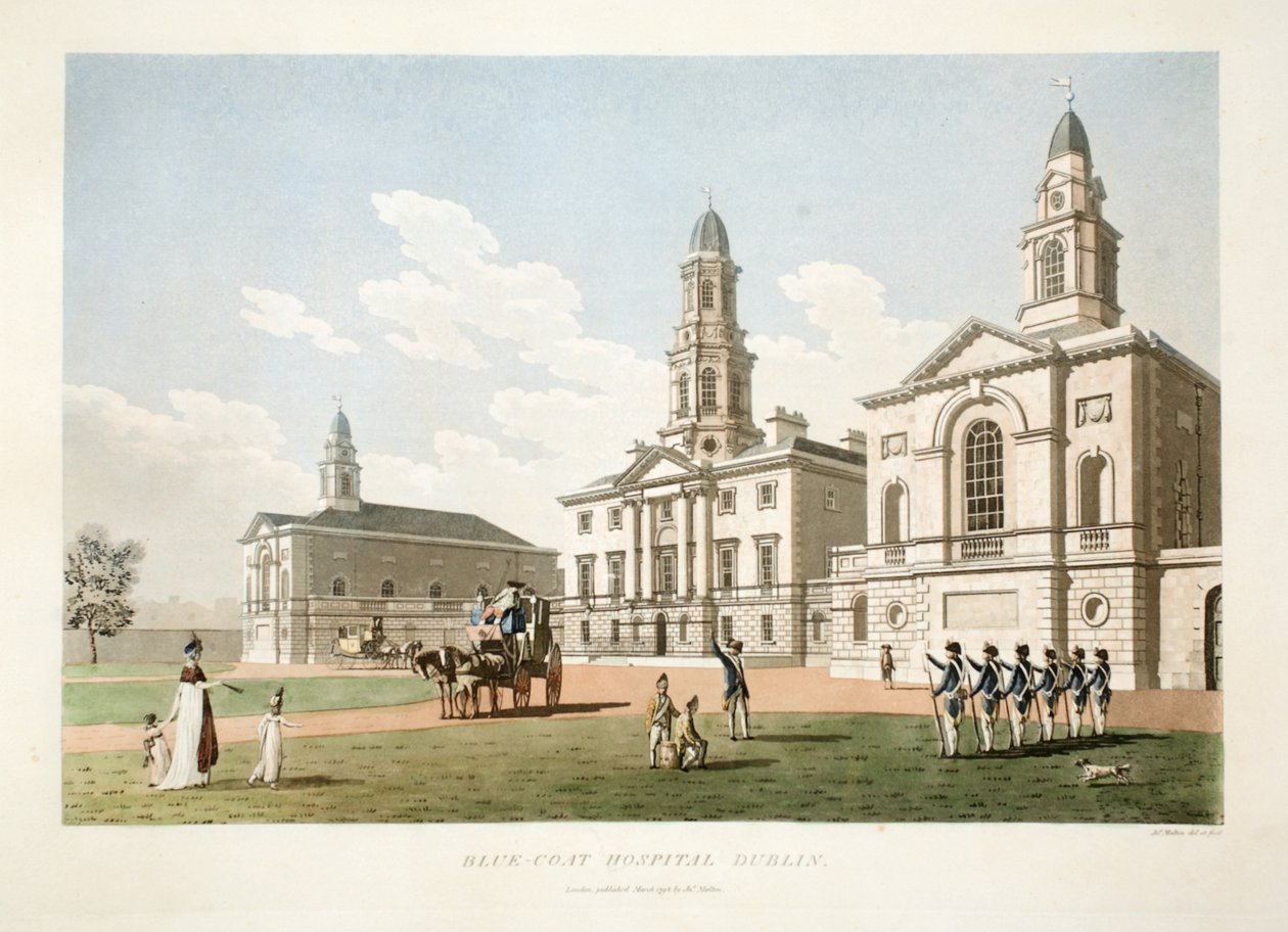 Blue-coat Hospital, Dublin, 1798 (handgekleurde gravure) door James Malton
