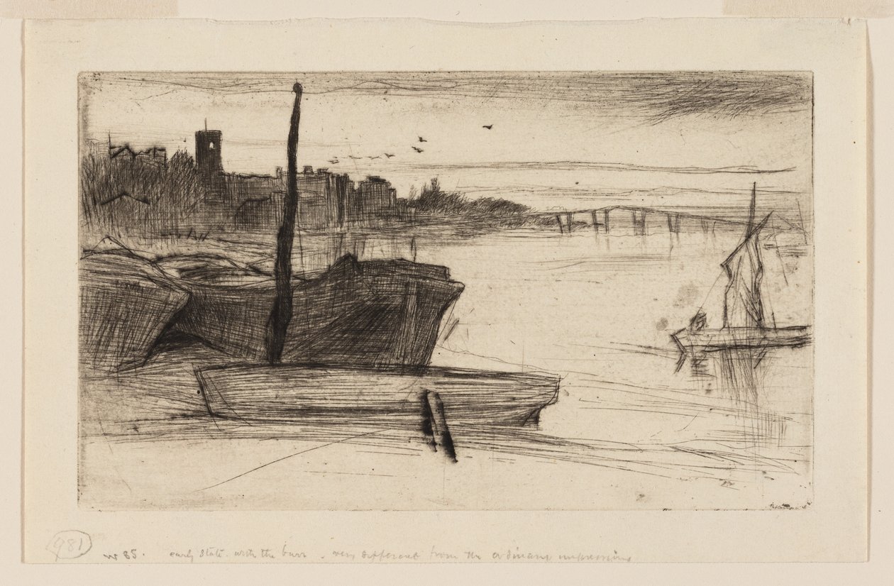 Chelsea Bridge en kerk door James Abbott McNeill Whistler