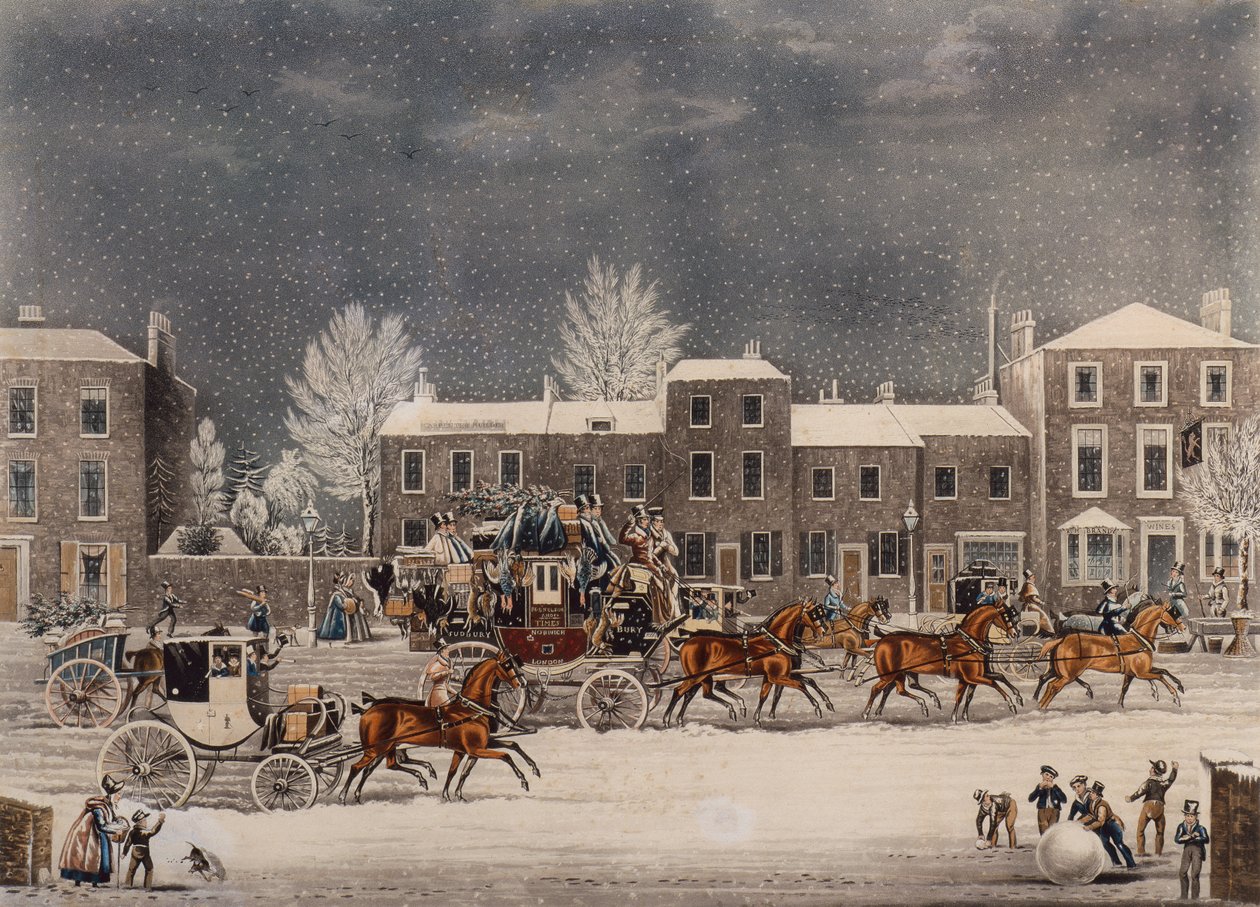 Thuis voor Kerstmis (gekleurde gravure) door James Pollard