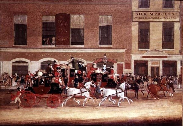 Royal Mail Coaches verlaten de Angel Inn door James Pollard