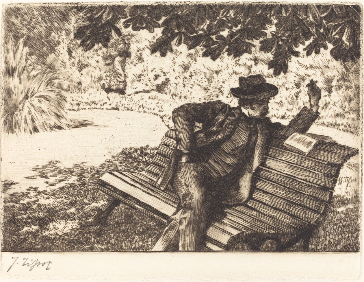 Denoisel Leest in de Tuin, 1882 door James Tissot