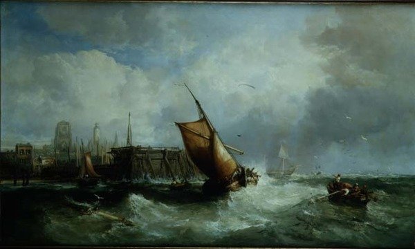 Schepen bij een haven door James Webb