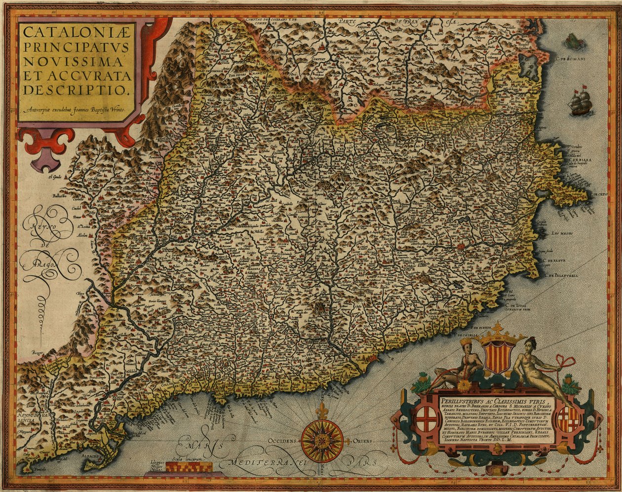 Kaart van Catalonië getiteld Cataloniae principatus novissima et accurata descriptio gedrukt in Antwerpen in 1608 door Jan Baptist Vrients door Jan Baptist Vrients
