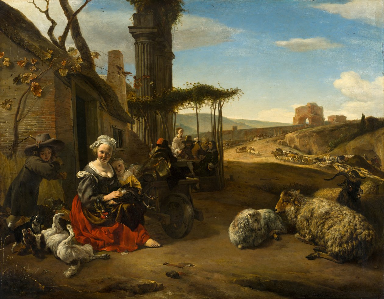 Italiaans landschap met herberg en antieke ruïnes door Jan Baptist Weenix