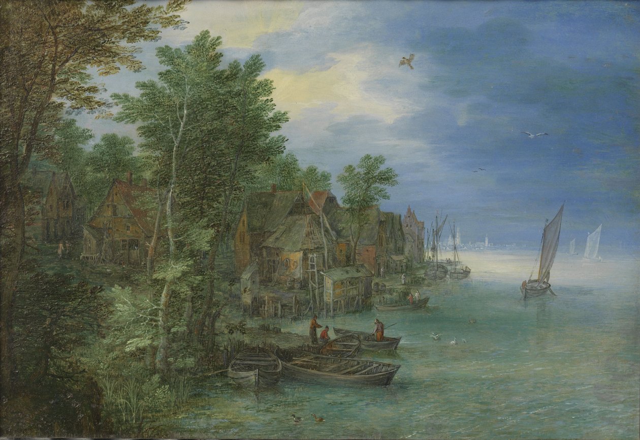 Gezicht op een dorp aan een rivier door Jan the Elder Brueghel