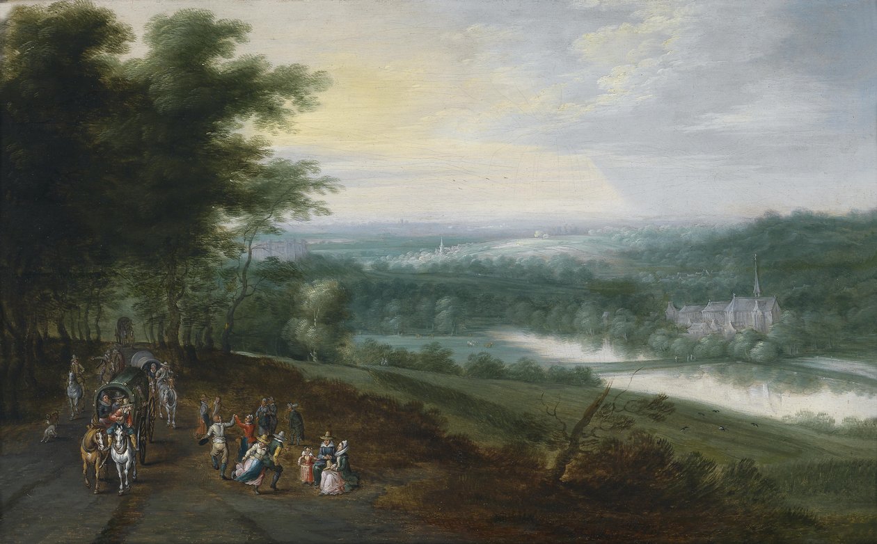 Uitgestrekt rivierlandschap met reizigers en dansende boeren op een pad, op de achtergrond een kloostercomplex door Jan Brueghel the Younger