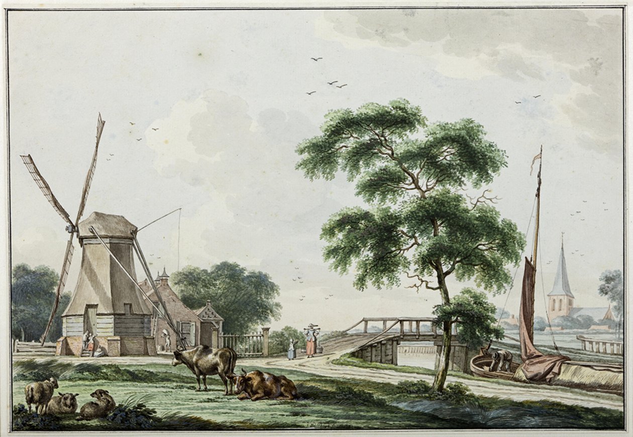 De Ulrumertil over de trekvaart met pelmolen en op de achtergrond de kerk van Ulrum door Jan Bulthuis