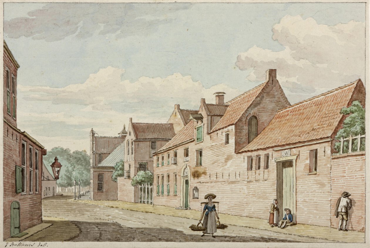 Munnekeholm met rechts het West-Indisch Huis en daarnaast op de achtergrond het Aduardergasthuis door Jan Bulthuis