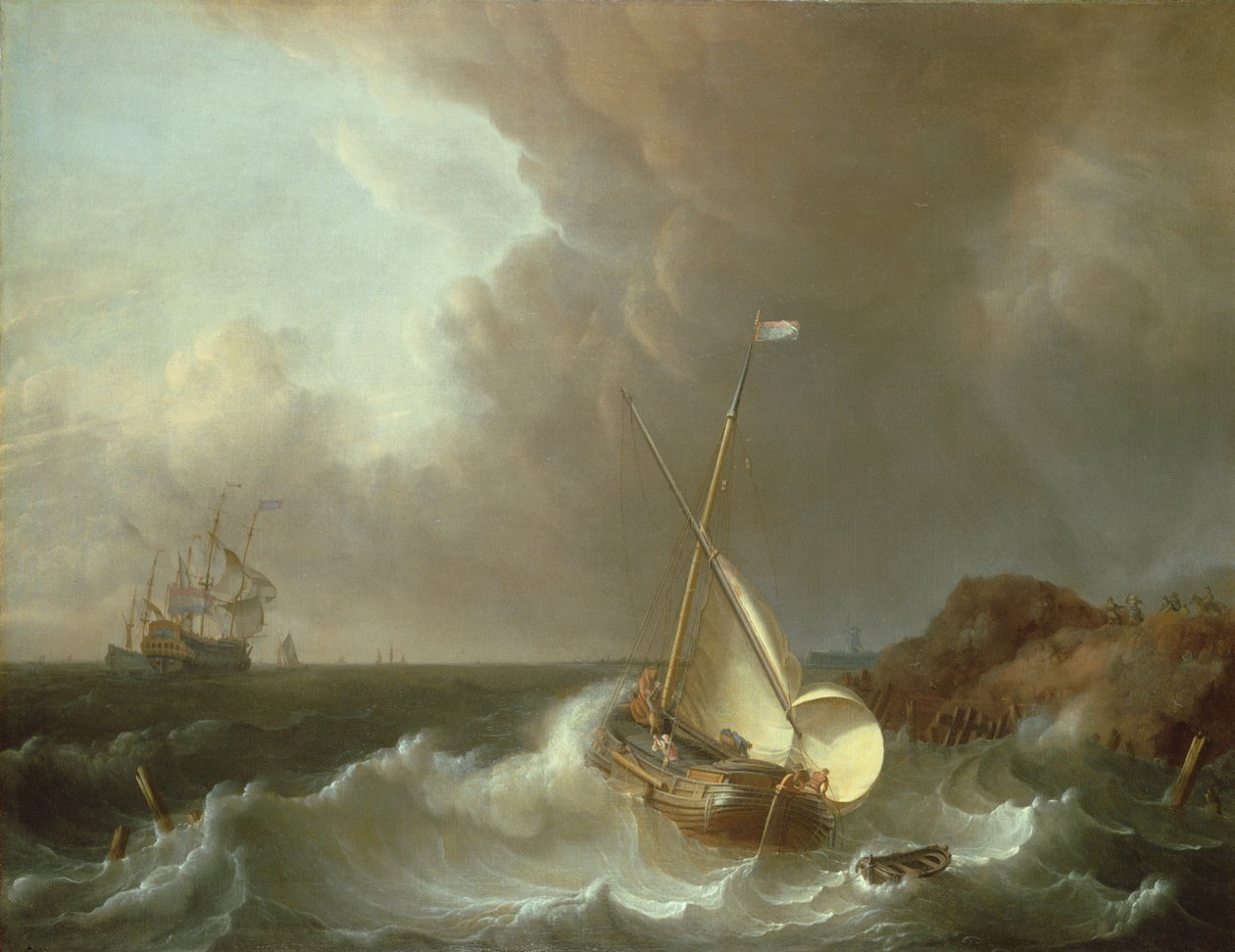 Galei in stormachtige zeeën door Jan Claesz Rietschoof