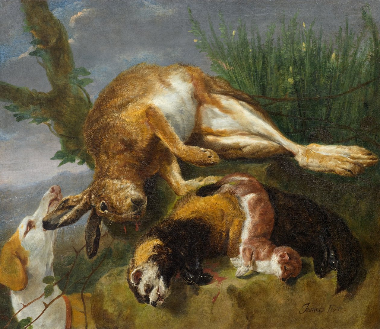 Jachtstilleven met een hond door Jan Fyt