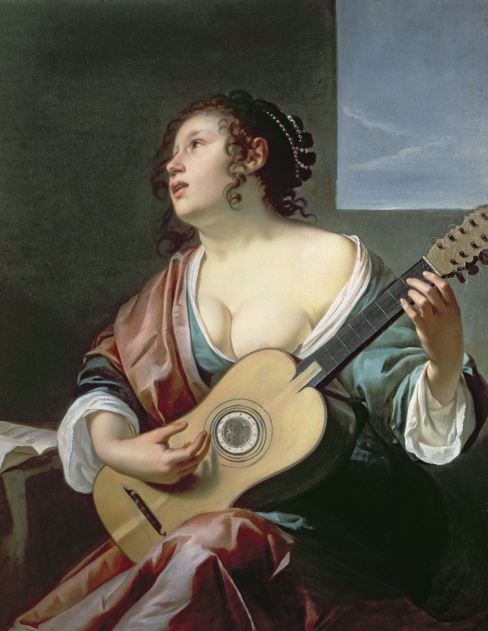 Vrouw met een luit door Gerrit van Honthorst