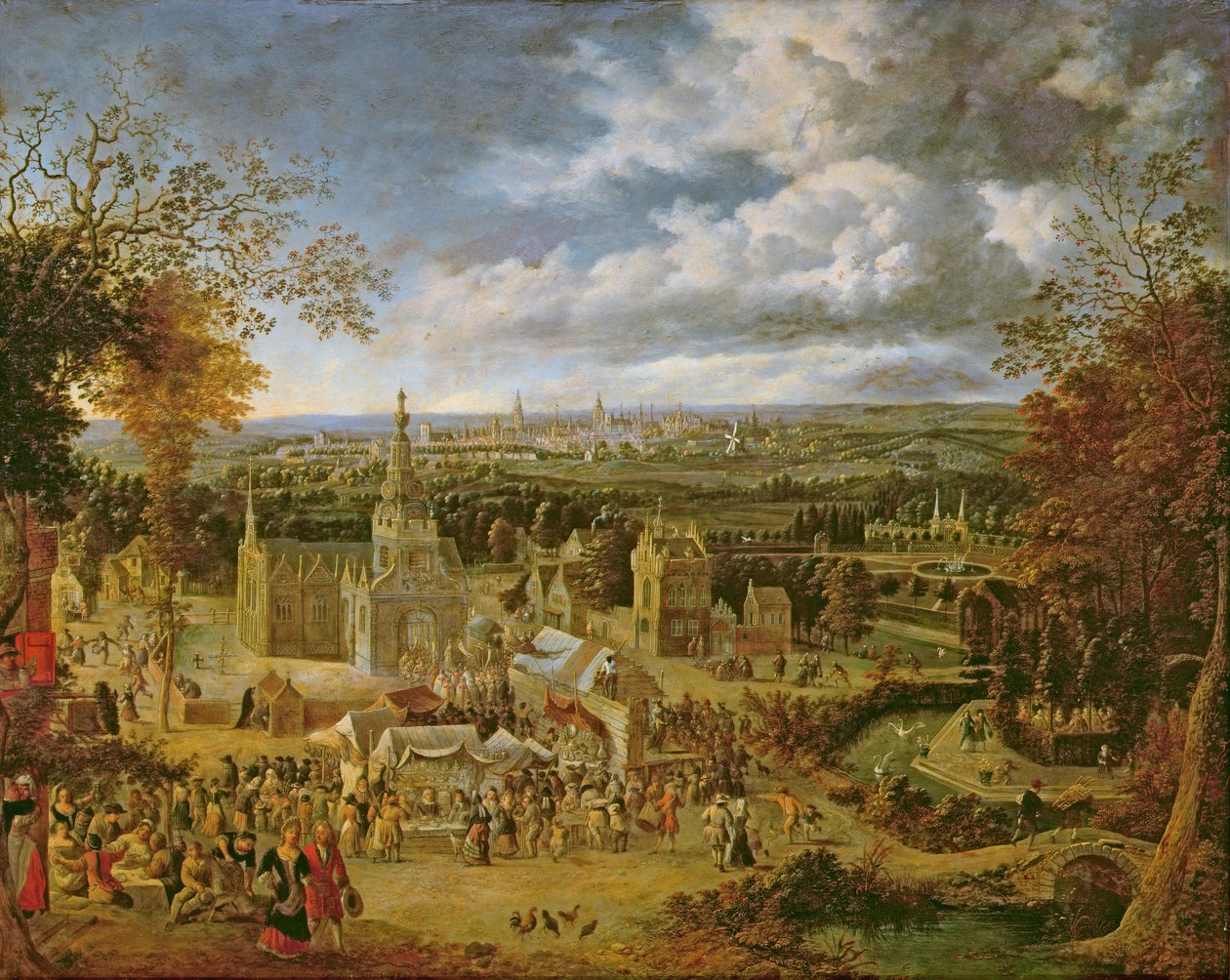 Een feest en uitzicht op een stad door Jan Griffier