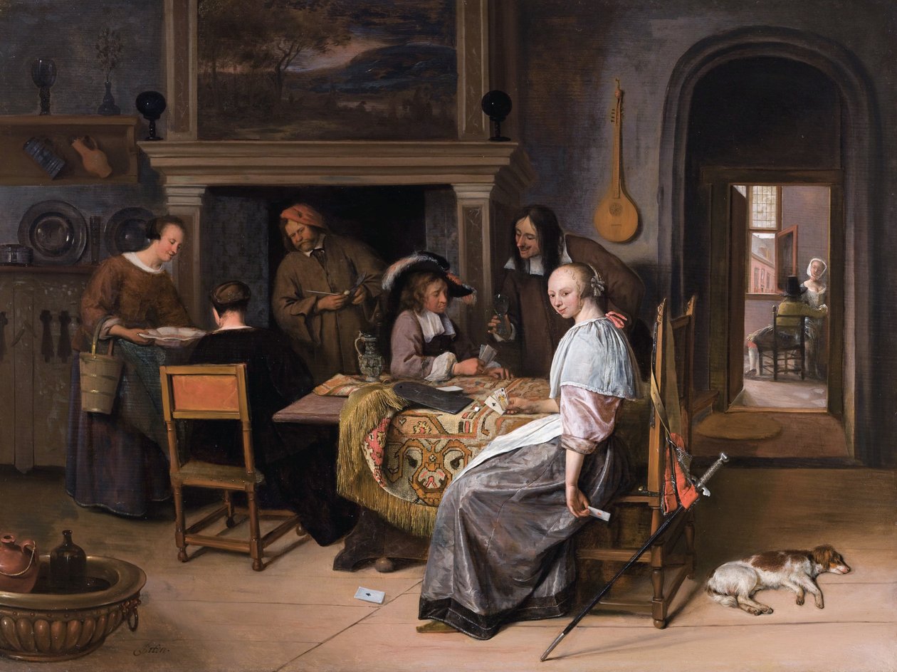 De kaartspelers in een interieur door Jan Havickszoon Steen