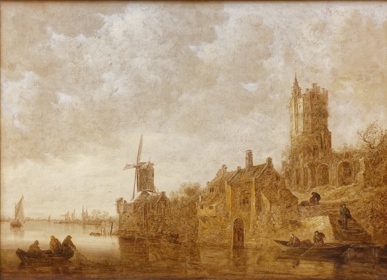 Rivierlandschap met molen en kasteelruïne door Jan Josephsz van Goyen
