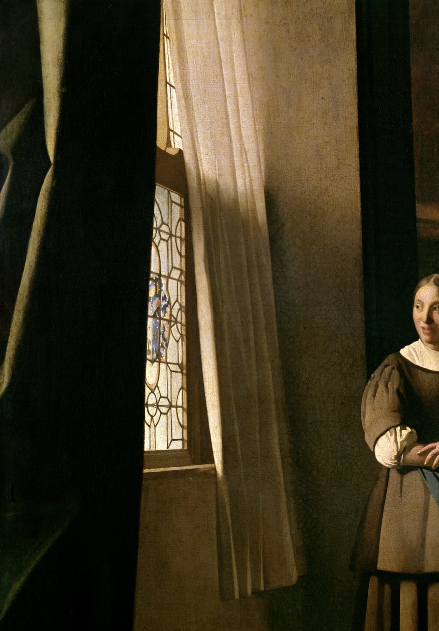 Dame die een brief schrijft met haar dienstmeid, c.1670 (detail) door Jan Vermeer van Delft
