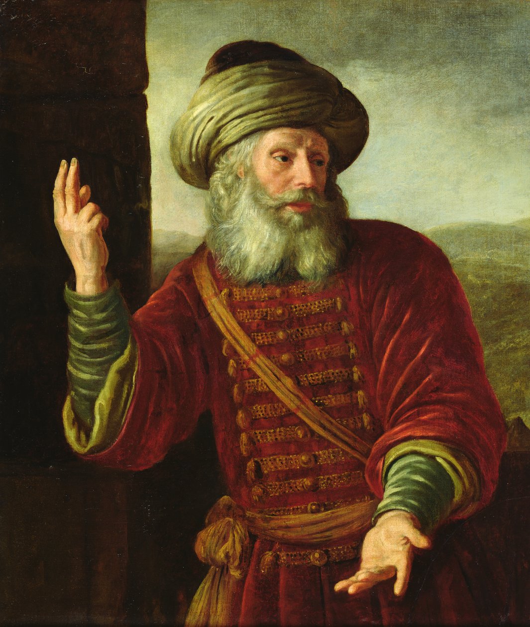 Portret van een Oude Man in een Extravagant Kostuum door Jan Victors