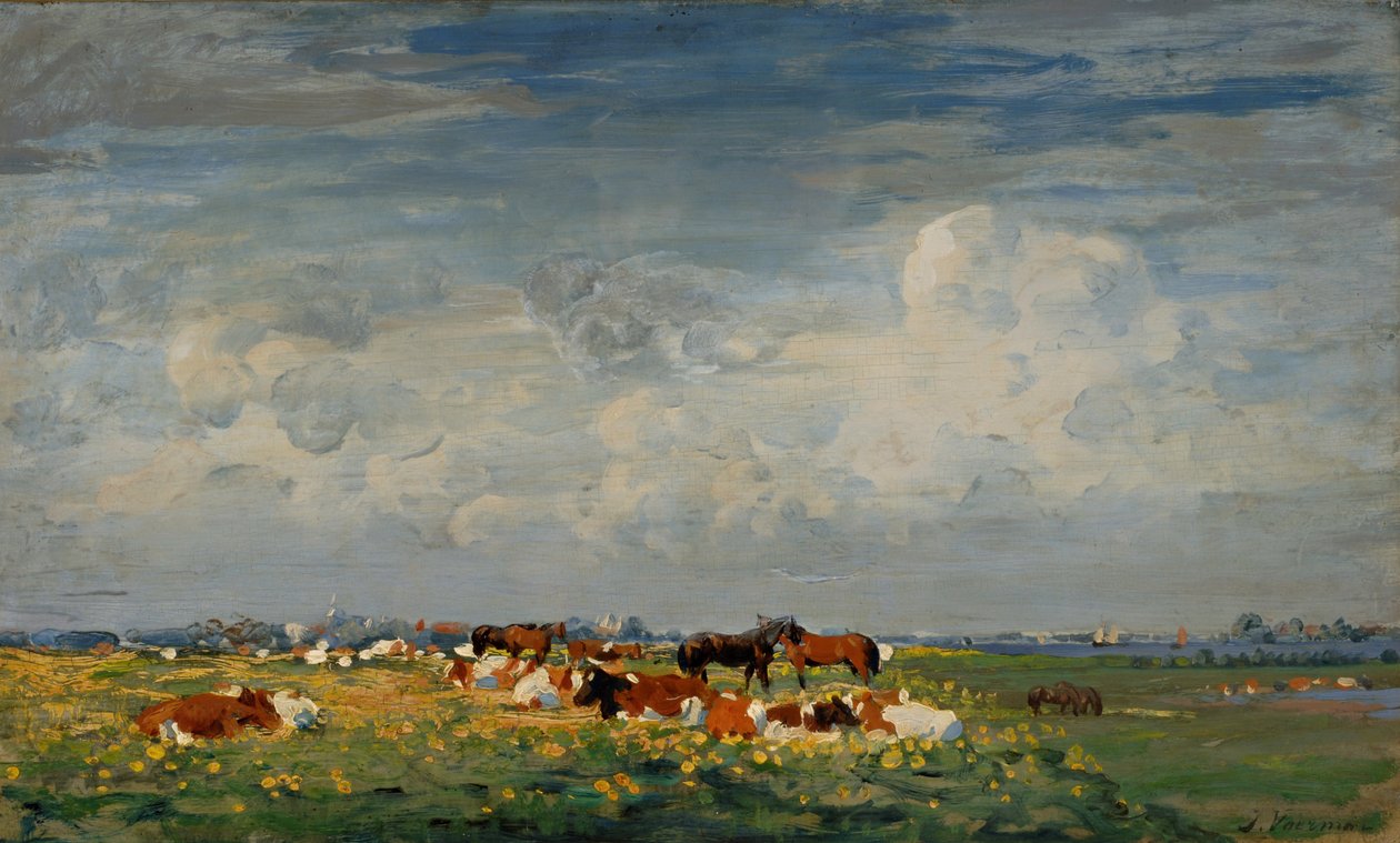Zomers weidelandschap aan de IJssel met zicht op Hattem door Jan Voerman