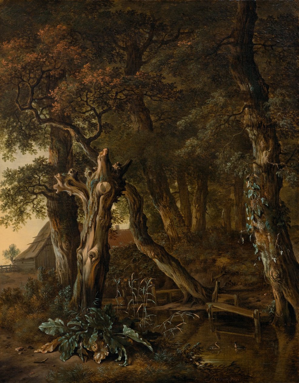 Boslandschap met een brug door Jan Wijnants