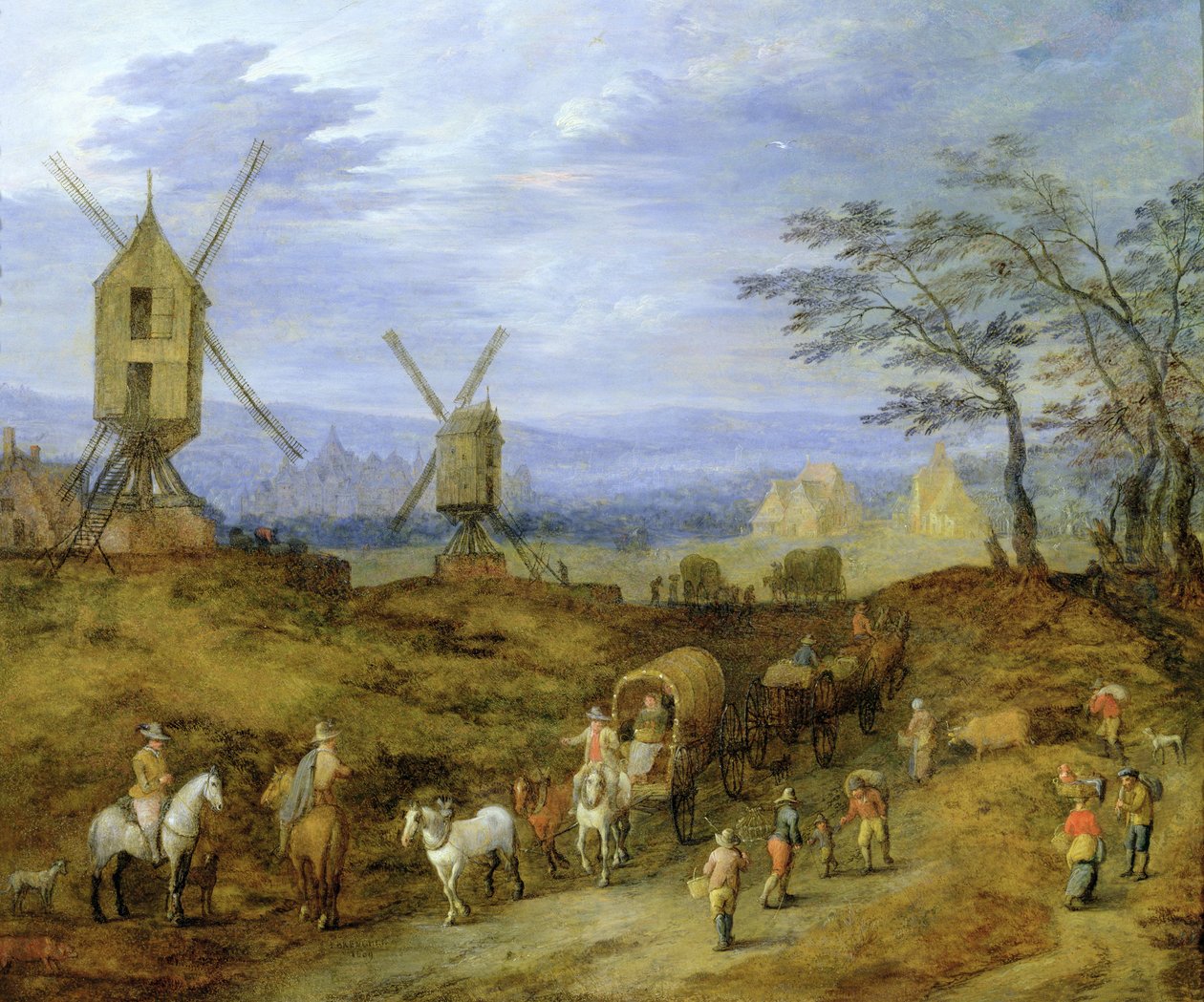 Landschap met reizigers bij windmolens door Jan Brueghel the Younger