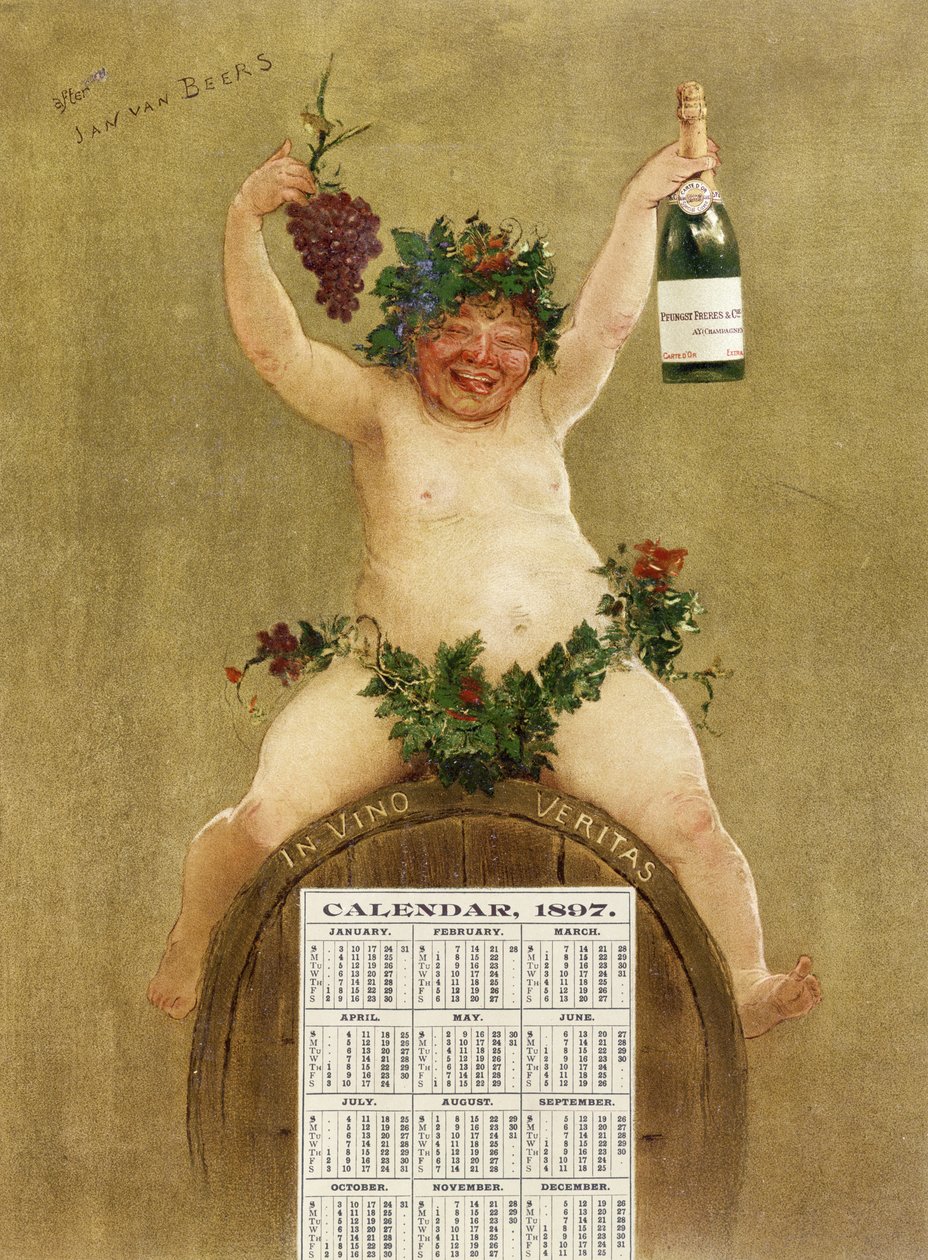 Promotiekalender voor Pfungst Freres Champagne, met Bacchus zittend op een vat met het opschrift 