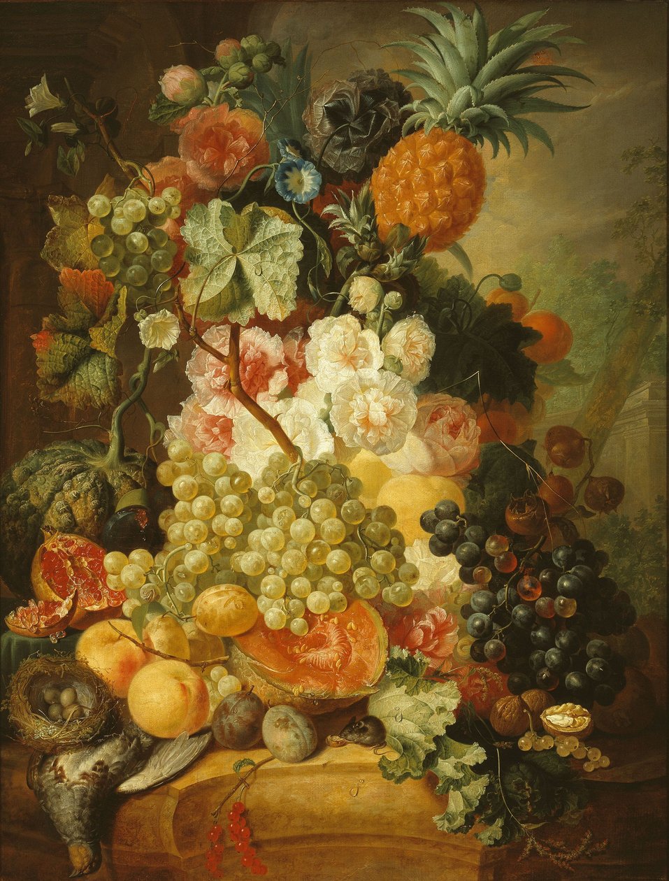 Stilleven met bloemen en vruchten door Jan van Os