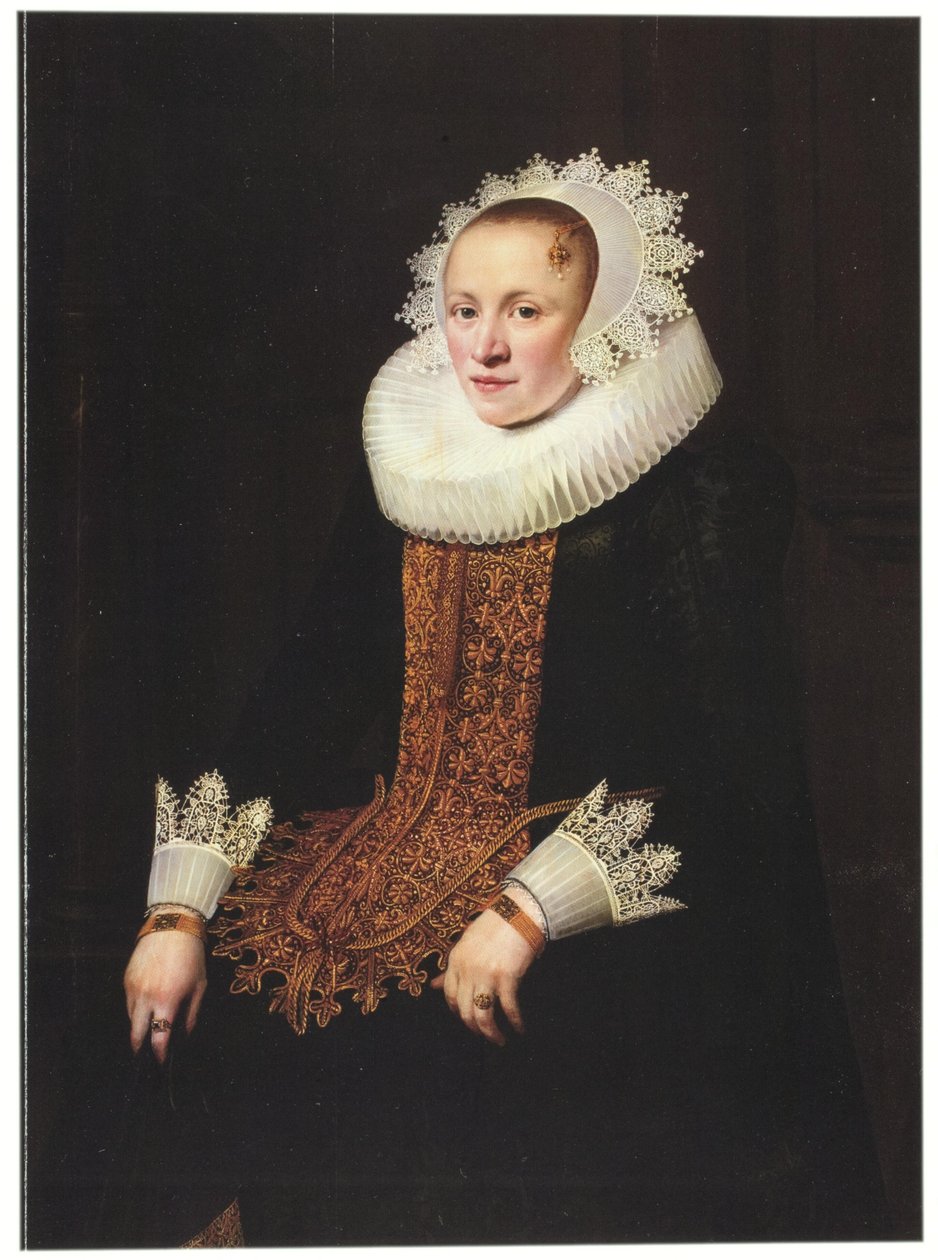 Portret van een jonge dame in een trouwlijfje, diadeemkap en molensteenkraag door Jan Anthonisz. van Ravesteyn