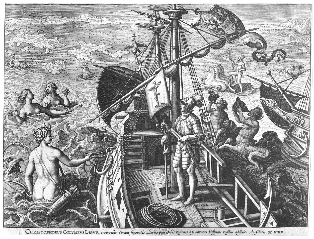 Christoffel Columbus (1451-1506) aan boord van zijn karveel, ontdekt Amerika door Jan van der Straet