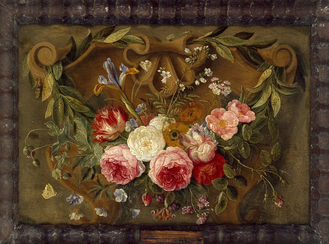 Decoratieve Stillevencompositie met een Bloemenslinger door Jan van Kessel the Elder