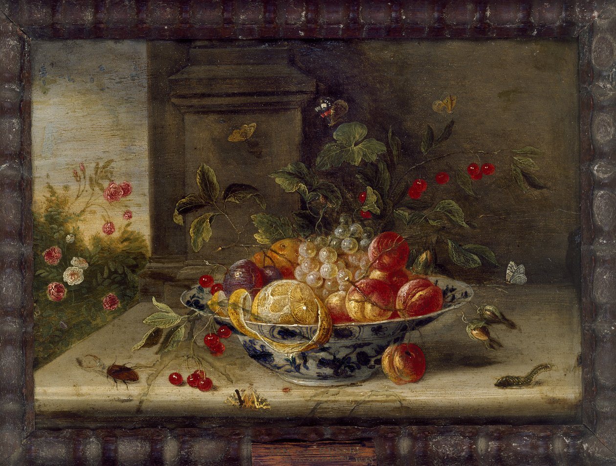 Decoratieve stilleven compositie met een porseleinen kom, fruit en insecten door Jan van Kessel the Elder
