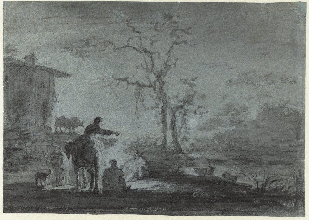 Herders bij een kampvuur bij maanlicht door Jan Asselijn (possibly)