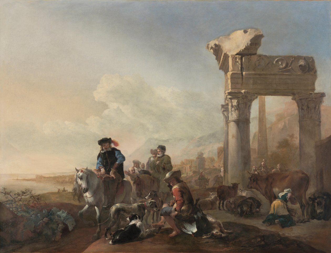 Jagers bij ruïnes door Jan Baptist Weenix