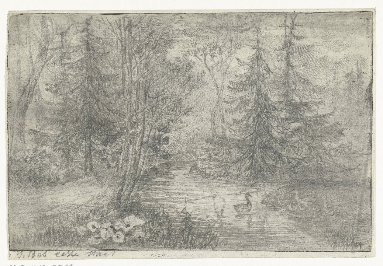 Bosvijver met eenden door Jan Bos Wz. (signed by artist)