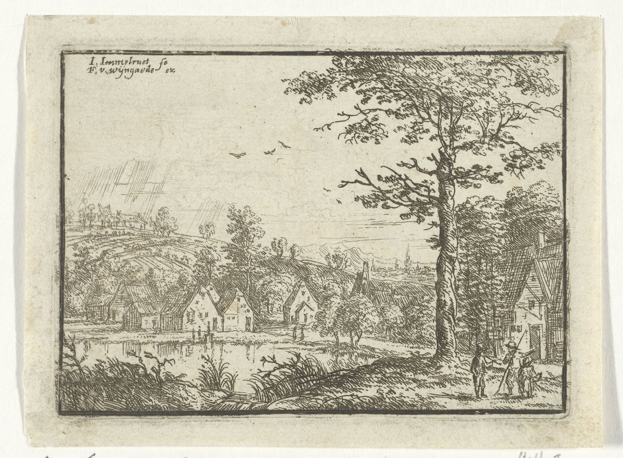 Huizen langs een meer door Jan Carel Immenraet