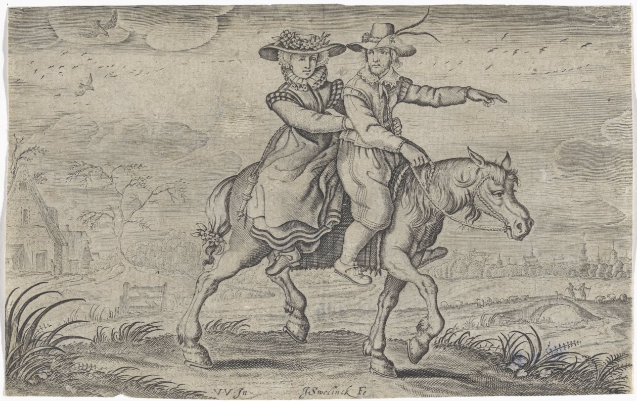 Man en vrouw te paard door Jan Gerritsz Swelinck