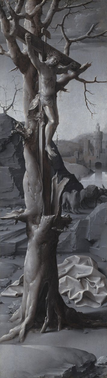 Sint Hiëronymus Boetvaardig [linker paneel], ca. 1509-1512 door Jan Gossaert