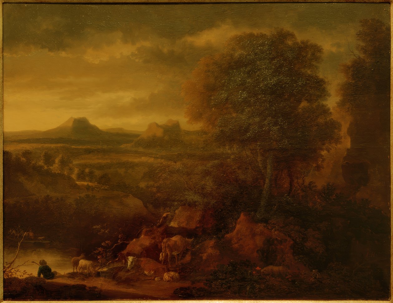 Zuidelijk landschap met herders, kudde en jachtscène door Jan Hackaert