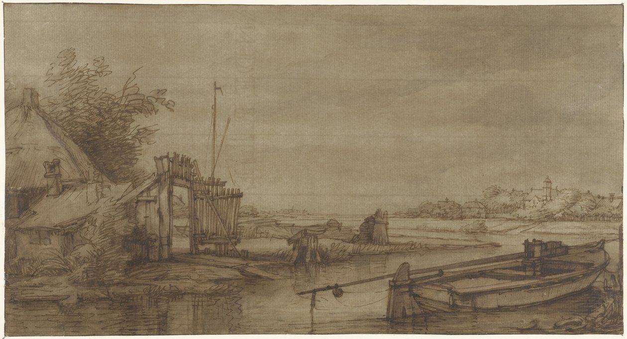 Vaartgezicht met boerderij en liggende schuit door Jan Hulswit (possibly)