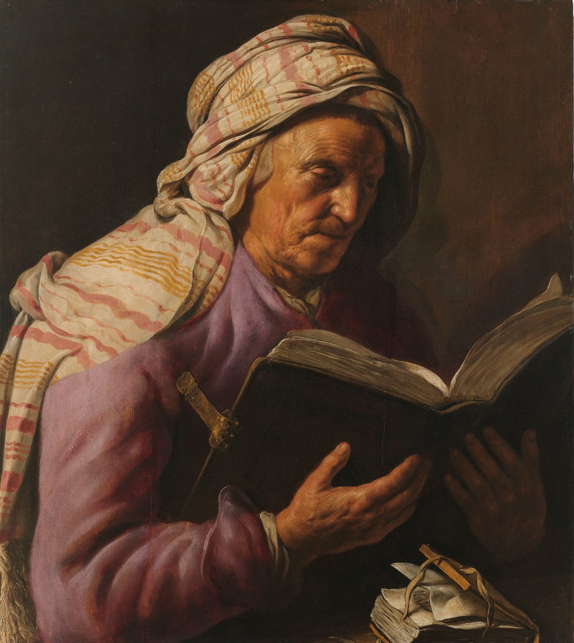 Oude vrouw die leest door Jan Lievens