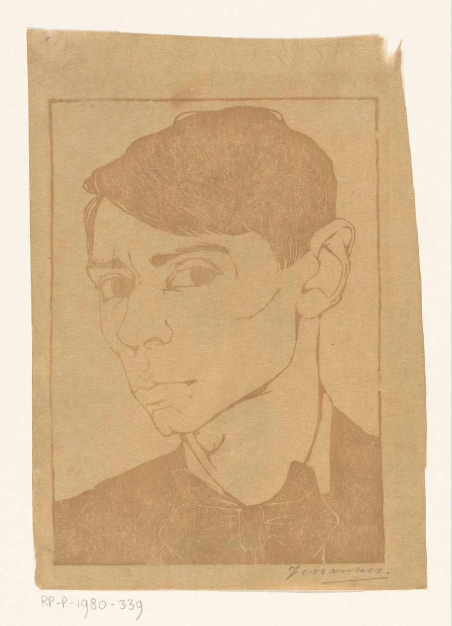 Zelfportret met vlinderdas door Jan Mankes (signed by artist)