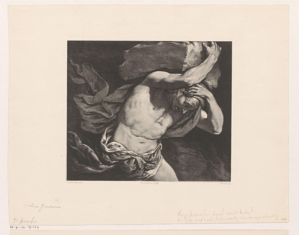 Sisyphus draagt een rotsblok de heuvel op door Jan Mesker