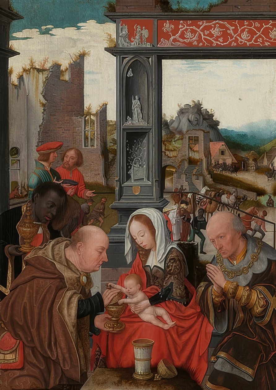 Aanbidding der koningen. Circa 1520-25 door Jan Mostaert